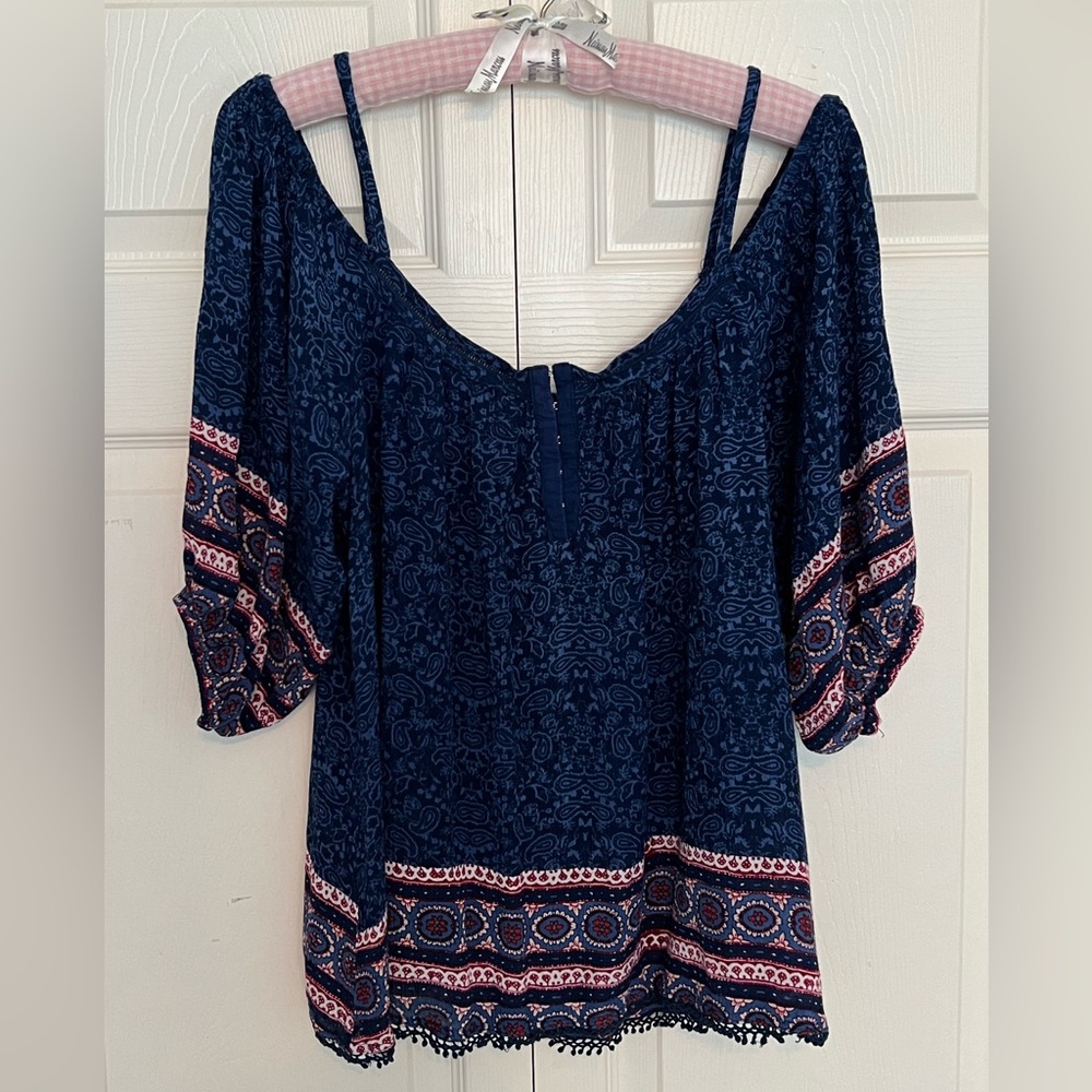 Japna Blue Tribal Print Cold Shoulder Boho Blouse